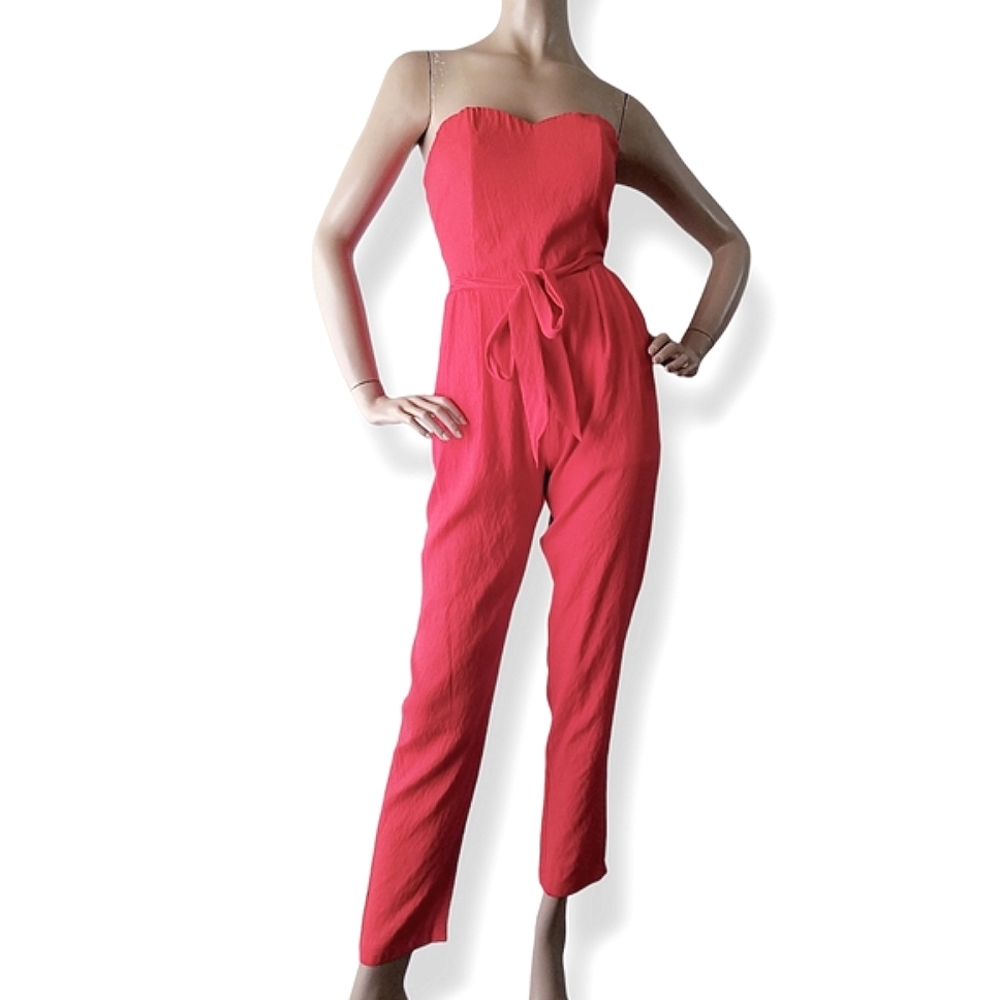 Lulumari Red Orange Strapless Jumpsuit With Pockets & Waist Ties